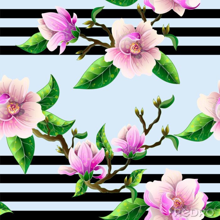 Papier peint à motif  Magnolia et rayures en fleurs