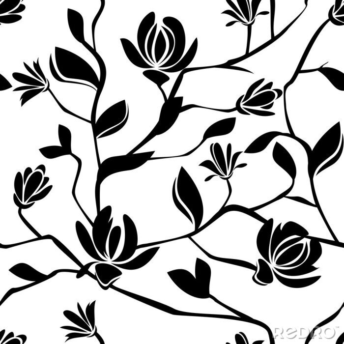 Papier peint à motif  Magnolia fleur en noir et blanc motif transparent sur fond blanc.
