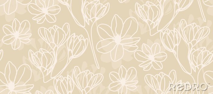 Papier peint à motif  Magnolia in beige line art - seamless pattern