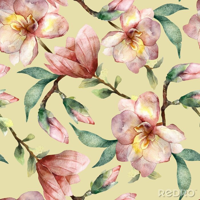 Papier peint à motif  magnolia pattern on olive background