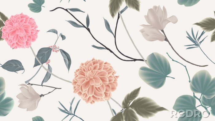 Papier peint à motif  Magnolias et dahlias parmi les feuilles éparses