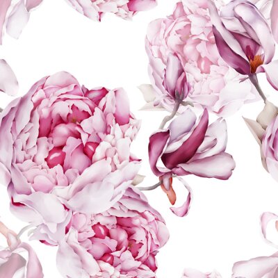 Papier peint à motif  Magnolias et pivoines en bouquet