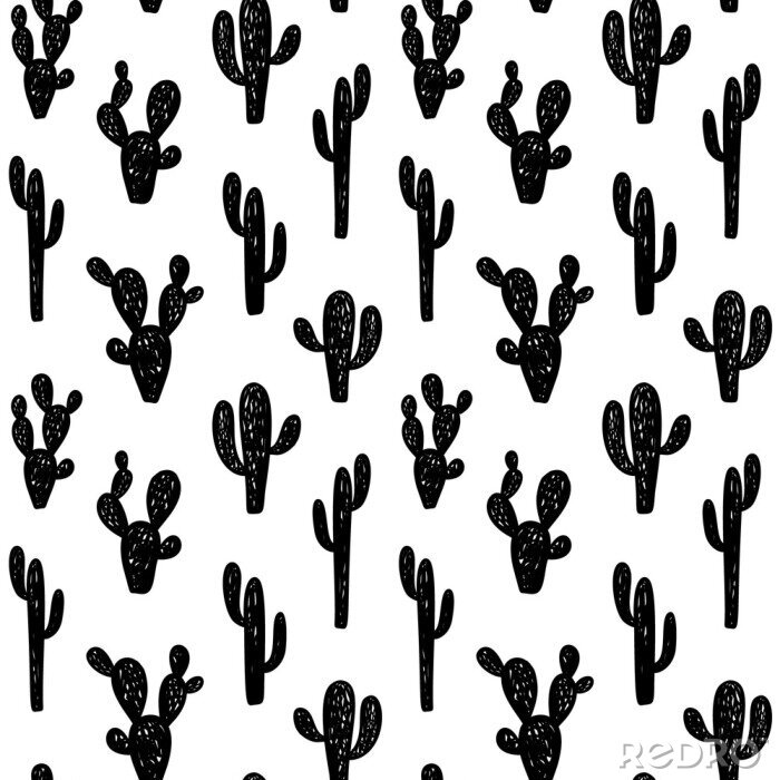 Papier peint à motif  Main dessiné enfants mignons abstrait modèle sans couture avec cactus. Rustique, fond noir et blanc simple boho. Illustration de dessin animé