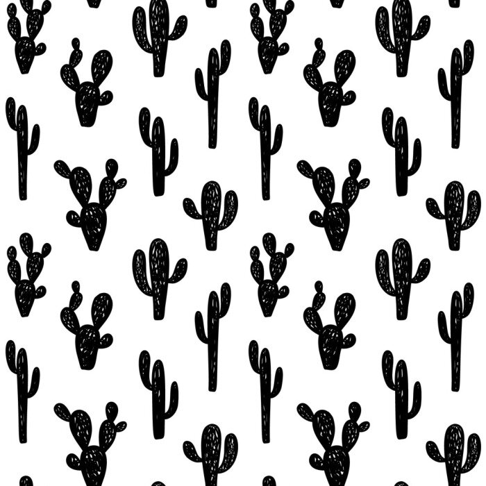 Papier peint à motif  Main dessiné enfants mignons abstrait modèle sans couture avec cactus. Rustique, fond noir et blanc simple boho. Illustration de dessin animé