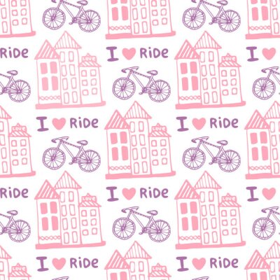 Papier peint à motif  Main, dessiné, seamless, modèle, mignon, Maisons, bicyclette, rose, Illustration d'arrière-plan dans le vecteur. Utilisé pour le papier peint, l'emballage, l'arrière-plan de la page Web, les textures 