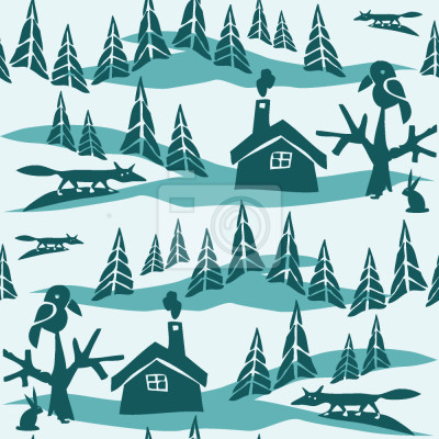 Papier peint à motif  Maison de campagne dans la forêt d'hiver
