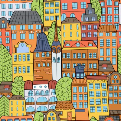 Papier peint à motif  Maisons à doigts dessinées à la main.