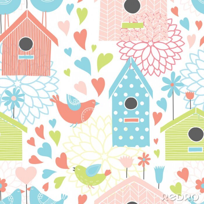 Papier peint à motif  Maisons colorées, oiseaux et cœurs