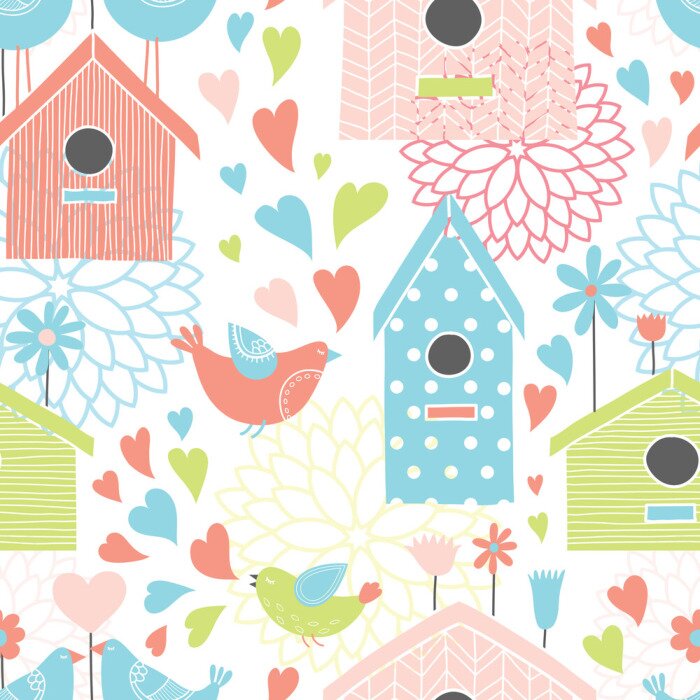 Papier peint à motif  Maisons colorées, oiseaux et cœurs