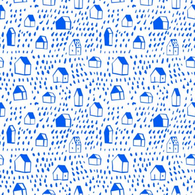 Papier peint à motif  Maisons scandinaves et pois en bleu