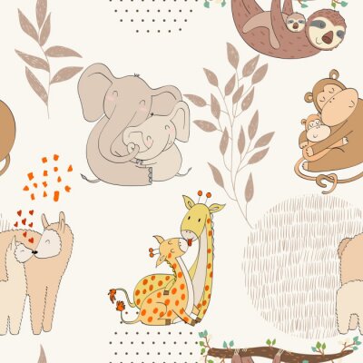 Papier peint à motif  Maman et bébé éléphants, singes et lamas