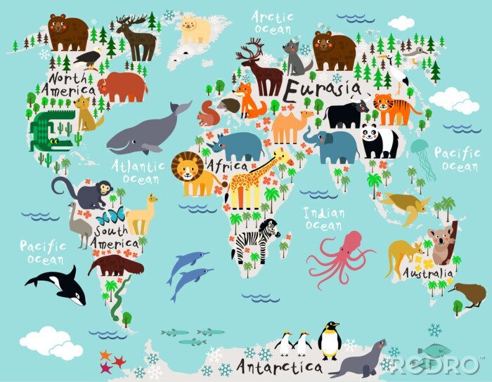 Papier peint à motif  Mappemonde pour enfants avec animaux