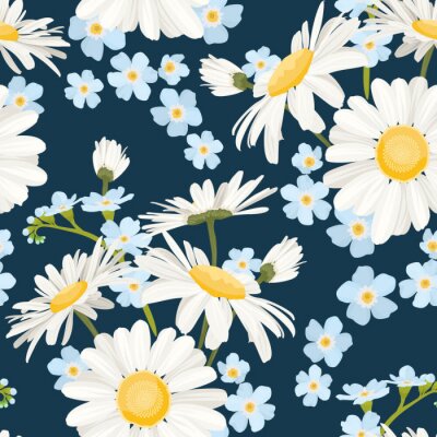 Papier peint à motif  Marguerites blanches parmi les myosotis