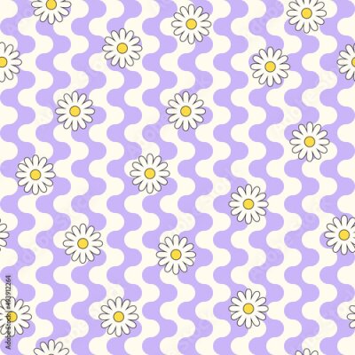 Papier peint à motif  Marguerites et rayures groovy rétro violettes