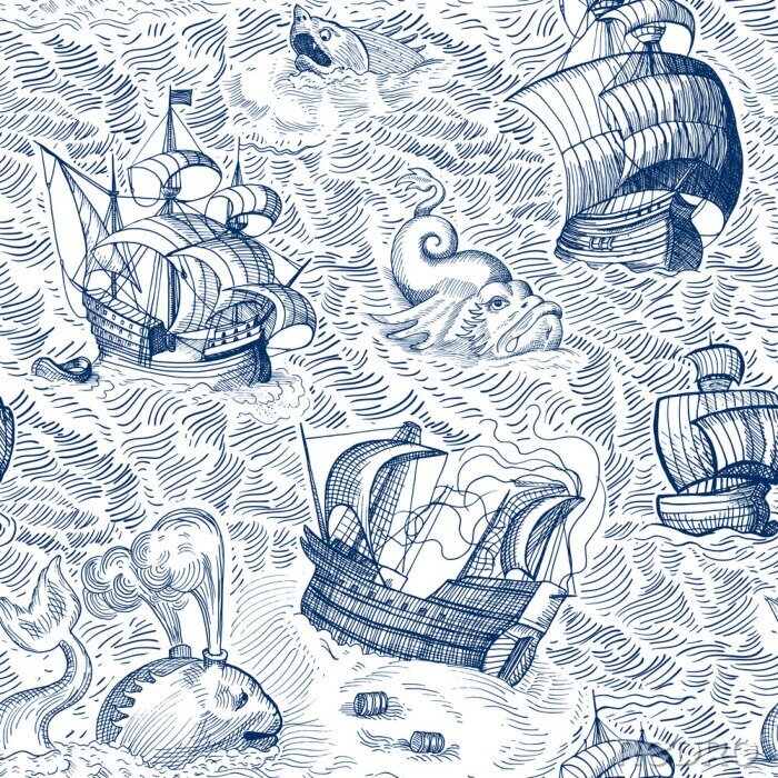 Papier peint à motif  Marine map. Vintage seamless pattern with ships and monsters