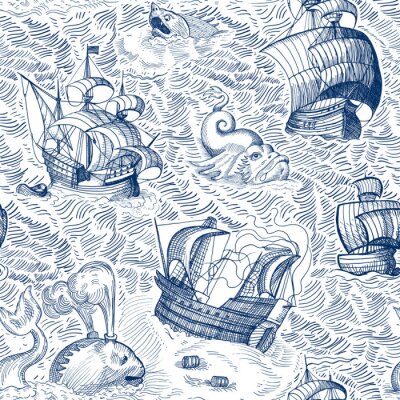 Papier peint à motif  Marine map. Vintage seamless pattern with ships and monsters