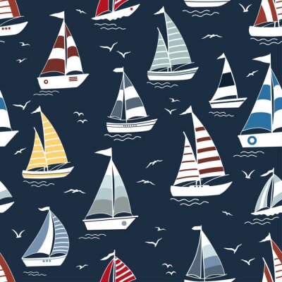 Papier peint à motif  Marine seamless pattern with cartoon boats on waves