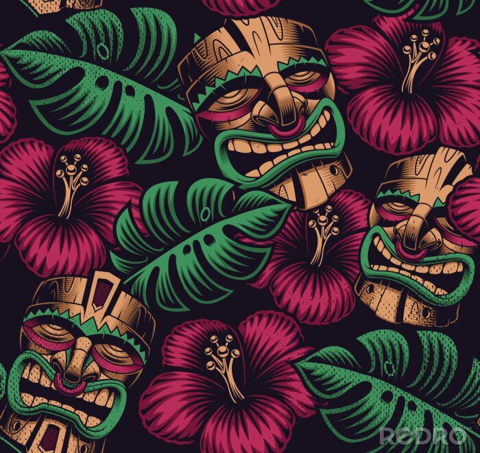 Papier peint à motif  Masque Tiki parmi les feuilles et les fleurs tropicales