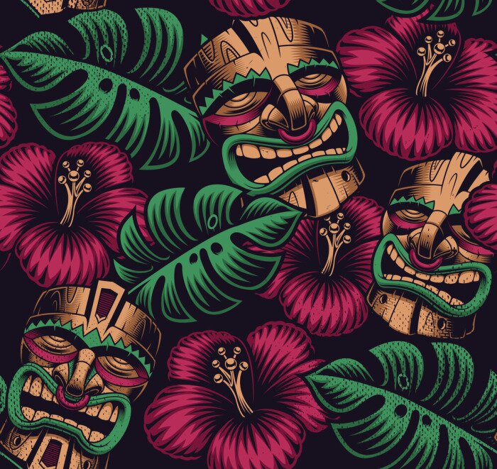 Papier peint à motif  Masque Tiki parmi les feuilles et les fleurs tropicales