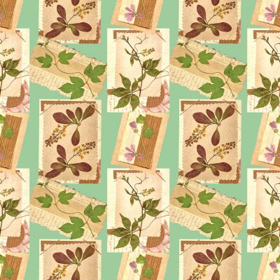 Papier peint à motif  Mauve d'été et feuilles sur cartes postales anciennes