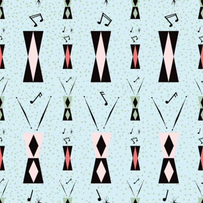 Papier peint à motif  Mid century musical seamless pattern with tall drums  and and a fun, kitschy take on the atomic era. Notes and drumsticks, diamond patterned drums. Pink and black on light blue textured background.