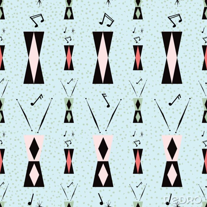 Papier peint à motif  Mid century musical seamless pattern with tall drums  and and a fun, kitschy take on the atomic era. Notes and drumsticks, diamond patterned drums. Pink and black on light blue textured background.