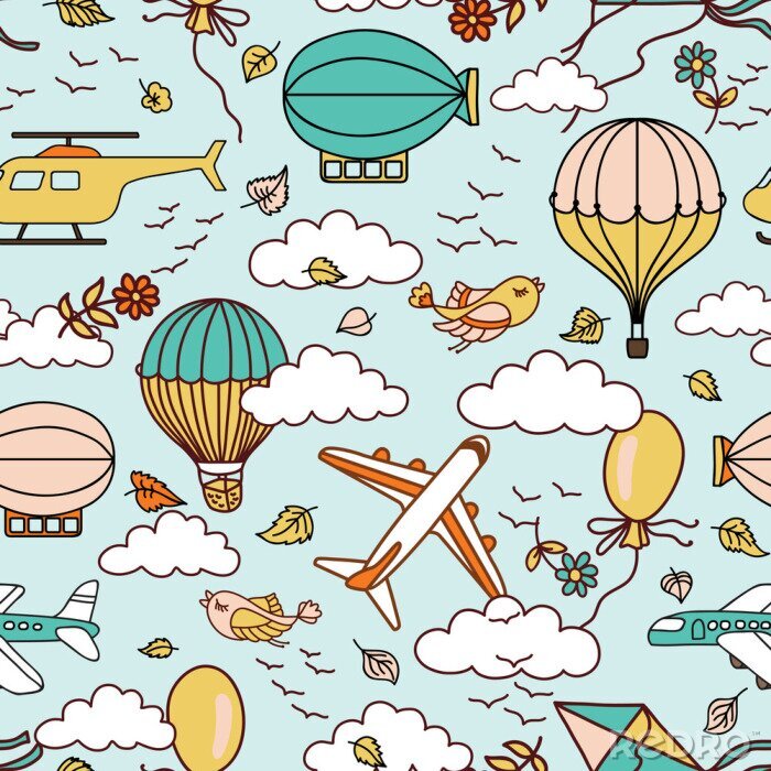 Papier peint à motif  Mignon, air, seamless, modèle, à, chaud, air, ballons, Oiseaux, nuages