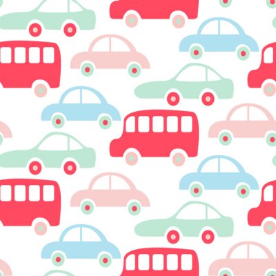 Papier peint à motif  Mignons bus colorés et voitures fond d'écran sans soudure.