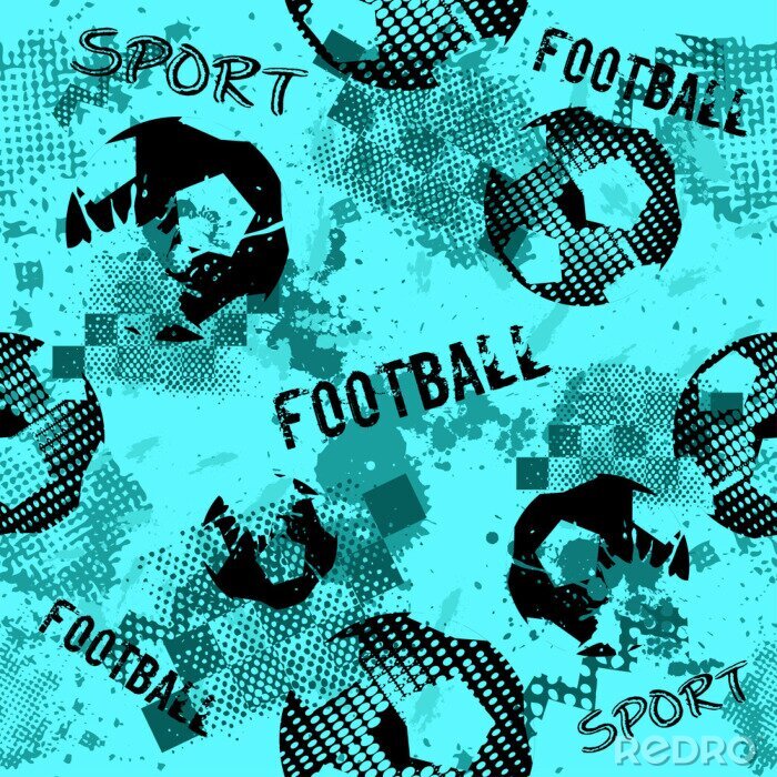 Papier peint à motif  Modèle abstrait de football sans couture pour les garçons. Modèle de football sportif. Toile de fond urbain sport grunge avec ballon de football. Papier peint sport sur fond noir avec des taches multi