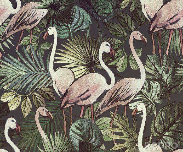 Papier peint à motif  Modèle avec des flamants roses et des plantes
