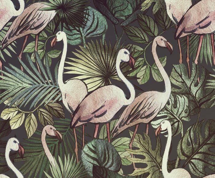 Papier peint à motif  Modèle avec des flamants roses et des plantes
