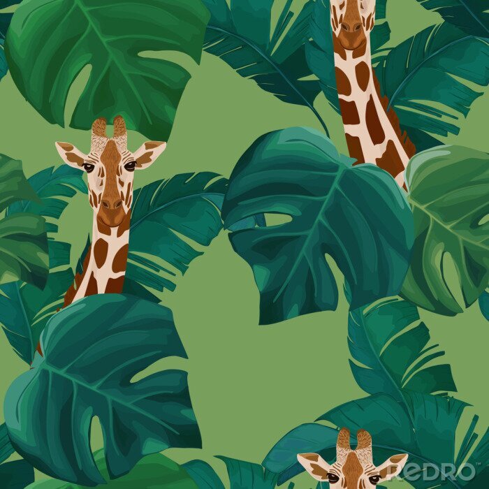 Papier peint à motif  Modèle avec des girafes et des feuilles