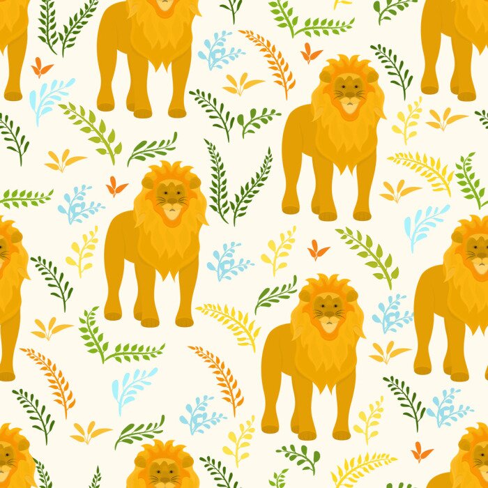 Papier peint à motif  Modèle avec un lion parmi les feuilles exotiques