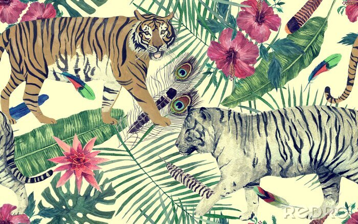 Papier peint à motif  Modèle d'aquarelle transparente avec des tigres, des feuilles, des fleurs.