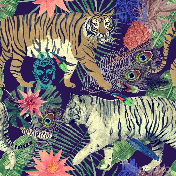 Papier peint à motif  Modèle d'aquarelle transparente avec des tigres, des feuilles, des plumes.