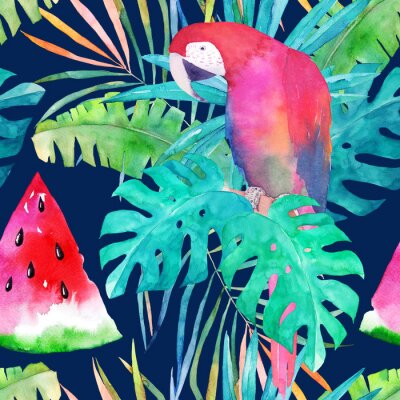 Modèle d'été avec perroquet d'aquarelle, feuilles de palmier et pastèque. Illustration colorée