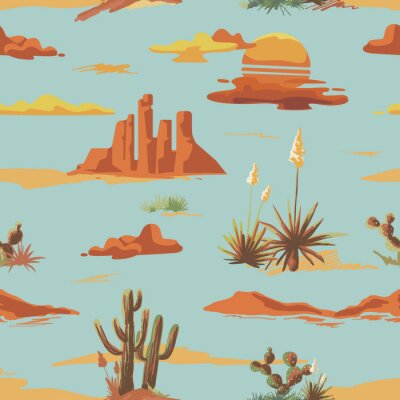 Modèle d'illustration désert magnifique sans couture vintage. Paysage avec cactus, montagnes, coucher de soleil fond de style vecteur dessinés à la main