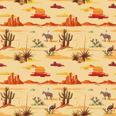 Papier peint à motif  Modèle d'illustration désert magnifique sans couture vintage. Paysage avec cactus, montagnes, cow-boy à cheval, coucher de soleil fond de style vecteur dessinés à la main