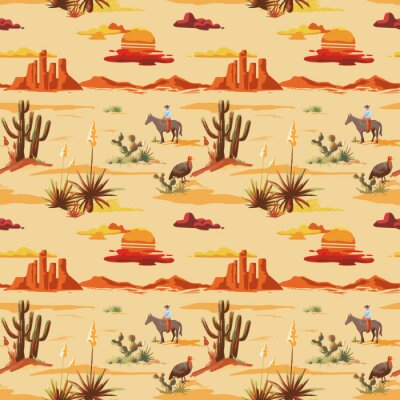 Papier peint à motif  Modèle d'illustration désert magnifique sans couture vintage. Paysage avec cactus, montagnes, cow-boy à cheval, coucher de soleil fond de style vecteur dessinés à la main