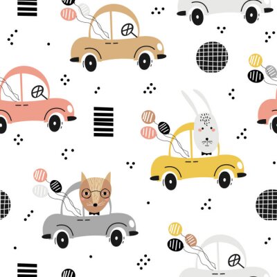 Papier peint à motif  Modèle de bébé sans couture avec le renard mignon, lapin dans la voiture. Texture créative pour enfants pour le tissu, le textile, le papier peint et l'emballage. Illustration vectorielle
