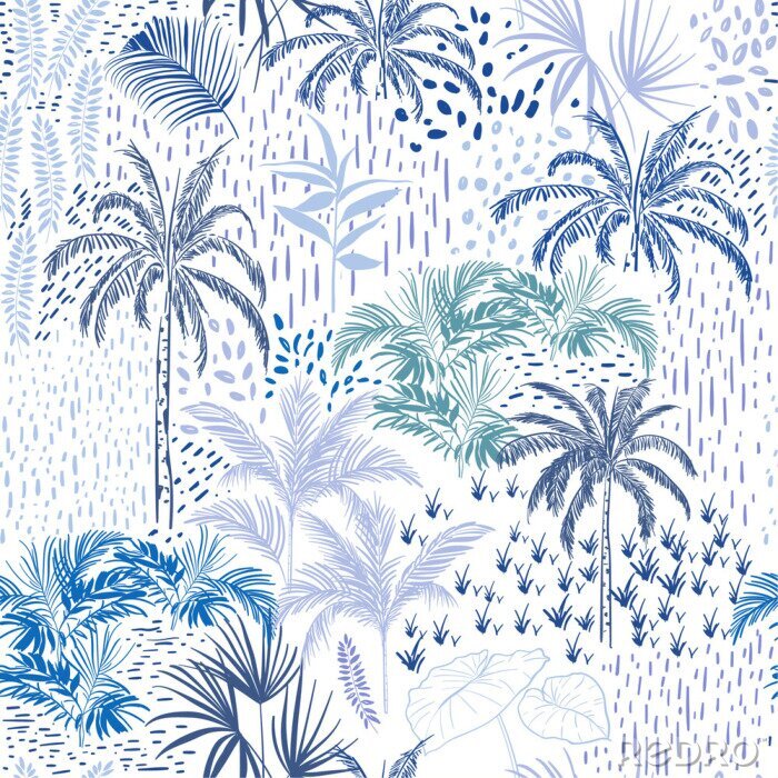 Papier peint à motif  Modèle de belle forêt itropicale sans soudure sur fond blanc. Paysage avec palmiers, sauvages exotiques et plantes