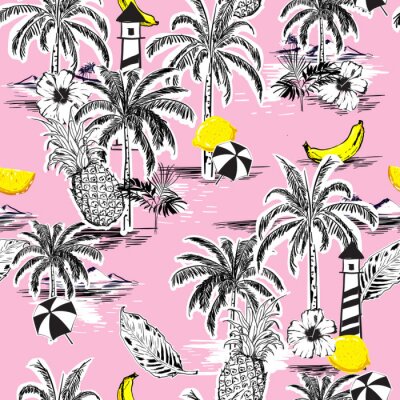 Papier peint à motif  Modèle de belle île sans soudure. Paysage avec palmiers, fruits, fleur d'hibiscus, banane, orange, plage et océan vecteur style dessiné à la main