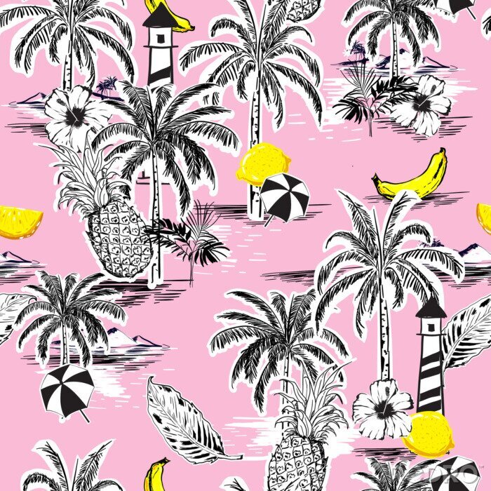 Papier peint à motif  Modèle de belle île sans soudure. Paysage avec palmiers, fruits, fleur d'hibiscus, banane, orange, plage et océan vecteur style dessiné à la main