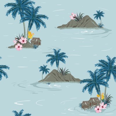 Papier peint à motif  Modèle de belle île tropicale sans soudure sur fond d'océan vert. Paysage avec palmiers, plage et océan vecteur style dessiné à la main.