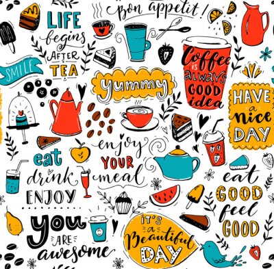 Papier peint à motif  Modèle de café avec des pots de thé à doodle, des tasses, des citations inspirantes et des desserts. Le café est toujours une bonne idée. Mangez bien, sentez-vous bien. Bon appétit. Texture transparen