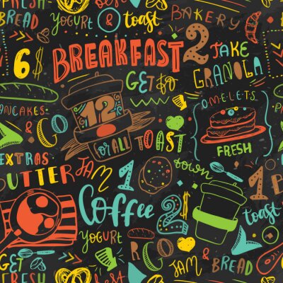 Papier peint à motif  Modèle de conception de modèle sans couture petit déjeuner coloré. Lettrage moderne avec des icônes de croquis de nourriture sur fond de tableau. Restaurant, modèle d'identité de café.