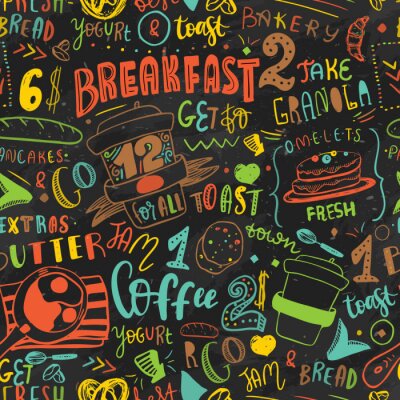 Papier peint à motif  Modèle de conception de modèle sans couture petit déjeuner coloré. Lettrage moderne avec des icônes de croquis de nourriture sur fond de tableau. Restaurant, modèle d'identité de café.