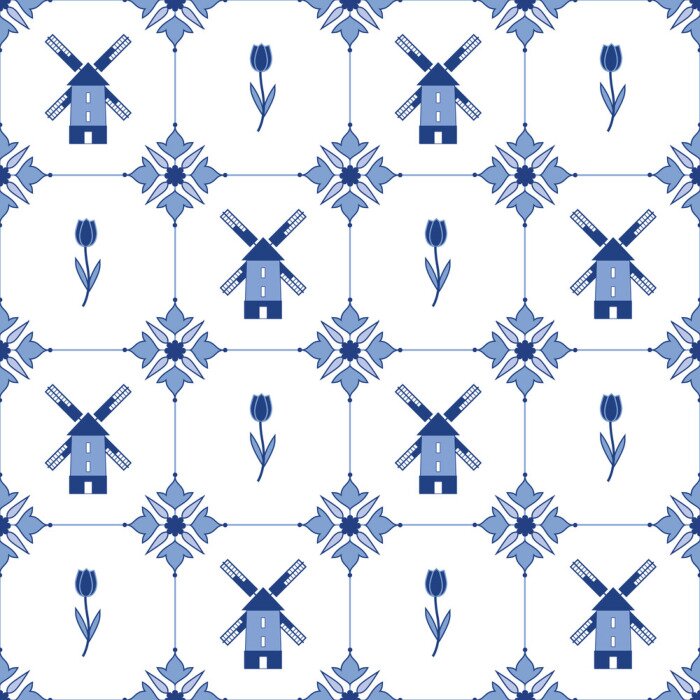 Papier peint à motif  Modèle de delftware sans vecteur avec des tulipes et des moulins