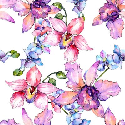 Papier peint à motif  Modèle de fleur d'orchidée fleurs sauvages dans un style aquarelle. Nom complet de la plante: orchidée colorée. Aquarelle fleur sauvage pour le fond, la texture, le motif de l'enveloppe, le cadre ou l