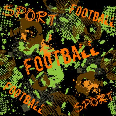Papier peint à motif  Modèle de football sans couture abstraite pour les garçons. Modèle de football de sport. Toile de fond de sport grunge avec ballon de football. Fond d'écran sport sur fond noir avec des taches multico